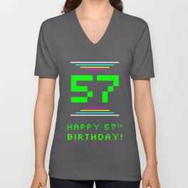 [ Thumbnail: 57th Birthday - Nerdy Geeky Pixelated 8-Bit Computing Graphics Inspired Look V Neck T Shirt V-Neck T-Shirt ]