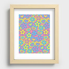 Happy Daisy and Heart Pattern, Vibrant Colors, Blue, Yellow, Pink Recessed Framed Print
