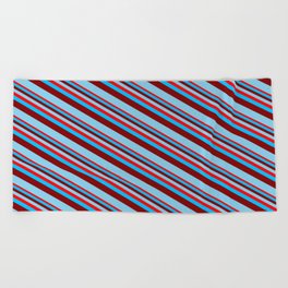 [ Thumbnail: Red, Deep Sky Blue, Maroon & Sky Blue Colored Lined/Striped Pattern Beach Towel ]