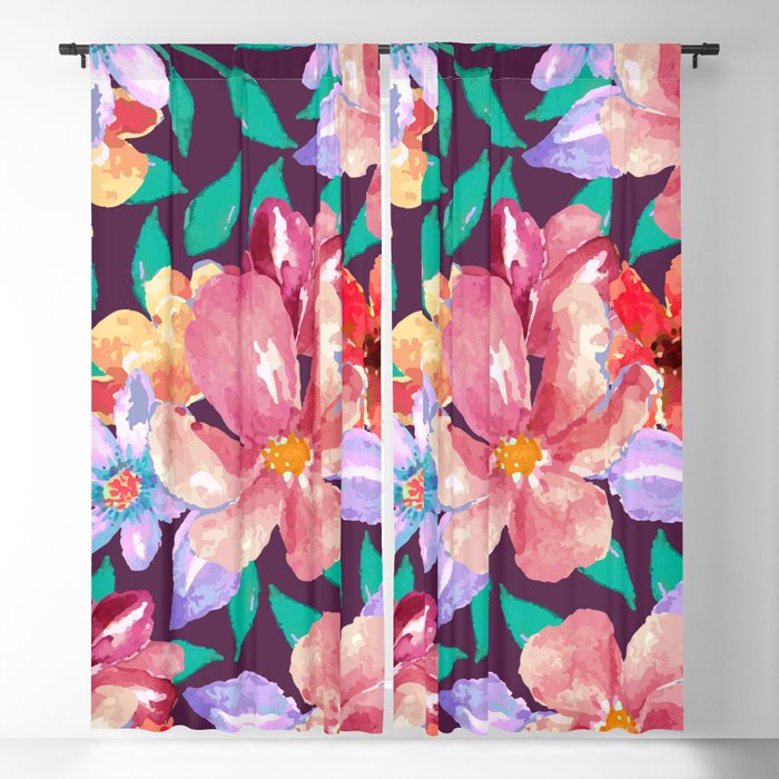Modern artsy pink coral lilac burgundy floral Blackout Curtain