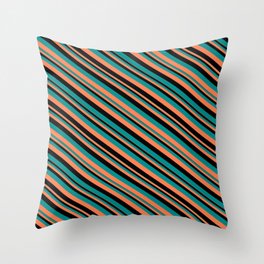 [ Thumbnail: Black, Dark Cyan & Coral Colored Striped Pattern Throw Pillow ]