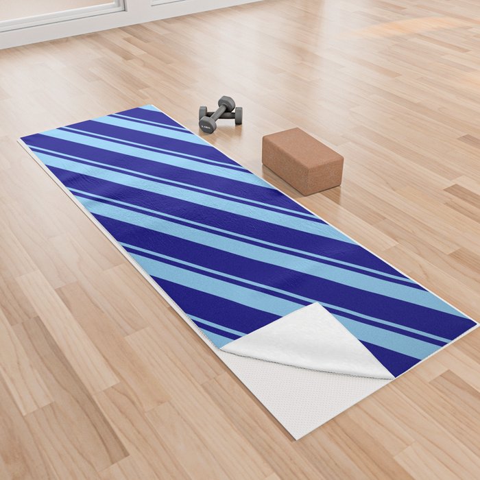 Light Sky Blue & Blue Colored Lined Pattern Yoga Towel
