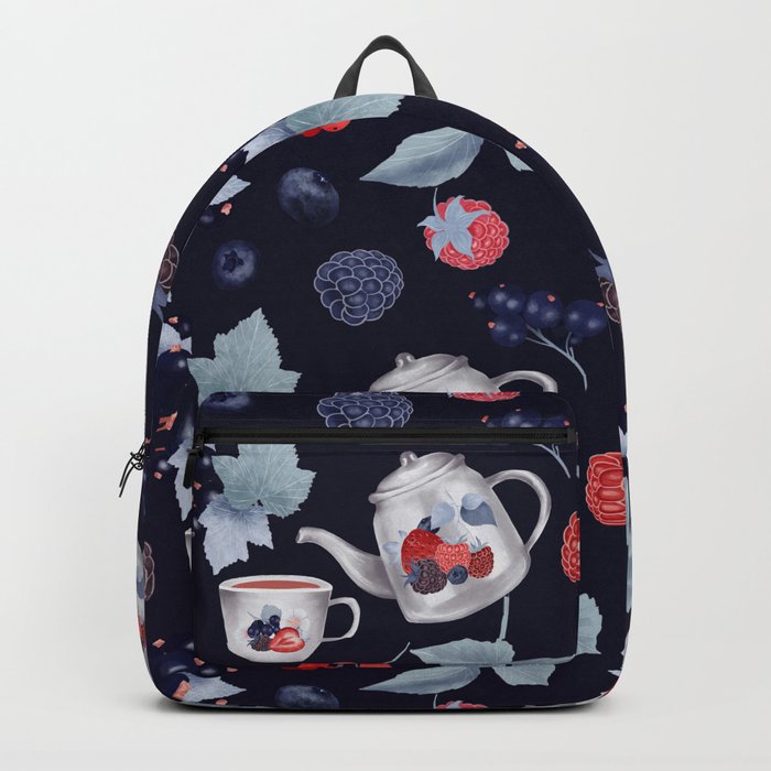 Strawberry Pattern with raspberries, blackberries and teapot Backpack
