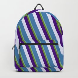 [ Thumbnail: Vibrant Dark Sea Green, Green, Indigo, Lavender, and Blue Colored Pattern of Stripes Backpack ]