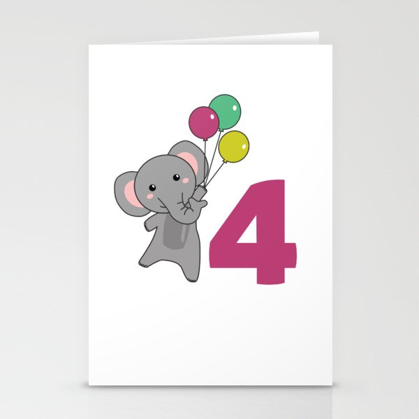 Elephant Fourth Birthday Balloons For Kids Stationery Cards