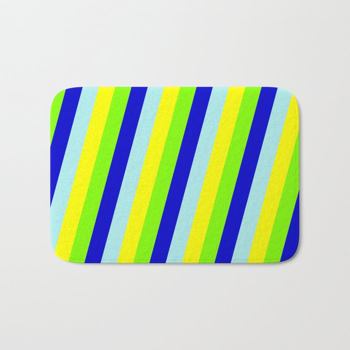 Chartreuse, Blue, Turquoise & Yellow Colored Striped Pattern Bath Mat