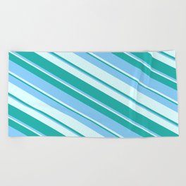 [ Thumbnail: Light Cyan, Light Sea Green & Light Sky Blue Colored Lines/Stripes Pattern Beach Towel ]