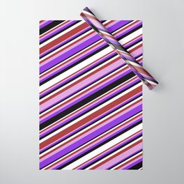 [ Thumbnail: Colorful Brown, Plum, Purple, Black, and White Colored Pattern of Stripes Wrapping Paper ]