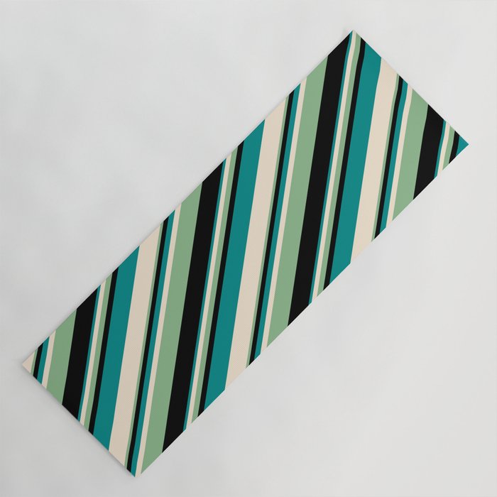 Dark Cyan, Beige, Dark Sea Green, and Black Colored Lines/Stripes Pattern Yoga Mat