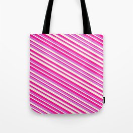 [ Thumbnail: Orchid, Beige & Deep Pink Colored Pattern of Stripes Tote Bag ]