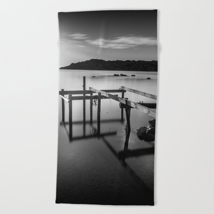 Pier Structure And Reflections in Black & White Beach Towel