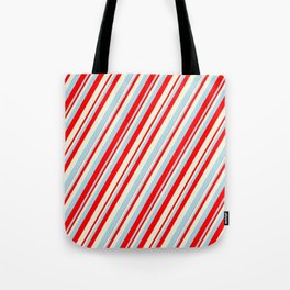 [ Thumbnail: Light Blue, Red, and Beige Colored Lines/Stripes Pattern Tote Bag ]