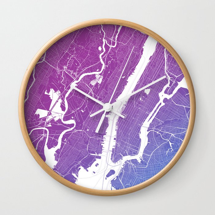 New York Map Print. Neon Pink and Blue Wall Clock