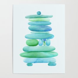 Sea Glass Cairn Watercolor - Teal and Blue Poster