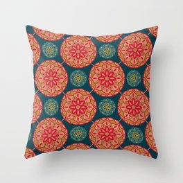 MOSAIQUE Bohemian Floral Mandala Tiles in Exotic Red Green Blush Sand Blue on Dark Teal - UnBlink Studio by Jackie Tahara Throw Pillow