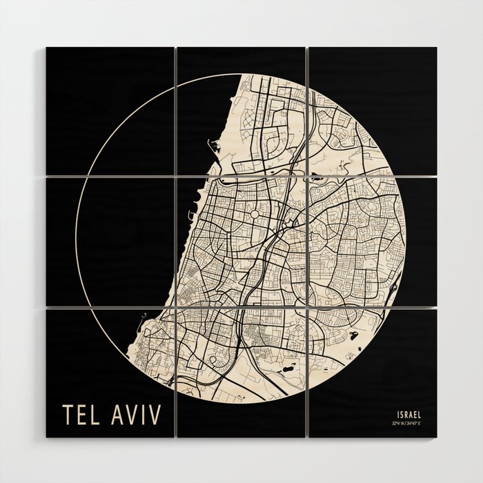 Tel Aviv City Map of Israel - Black Circle Wood Wall Art by deMAP ...