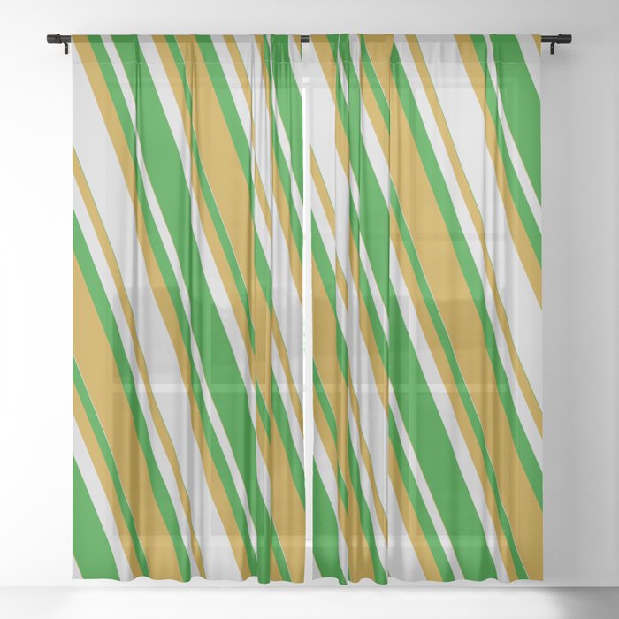 Light Gray, Green & Dark Goldenrod Colored Lines Pattern Sheer Curtain