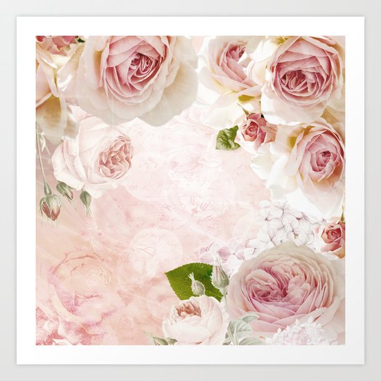 Vintage Flower Pink English Roses Collage Art Print