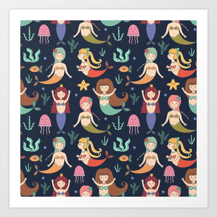 Hand drawn navy blue teal yellow mermaids illustration Art Print by