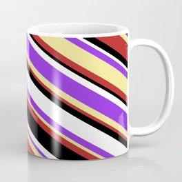 [ Thumbnail: Colorful Purple, Tan, Red, Black & White Colored Stripes Pattern Coffee Mug ]
