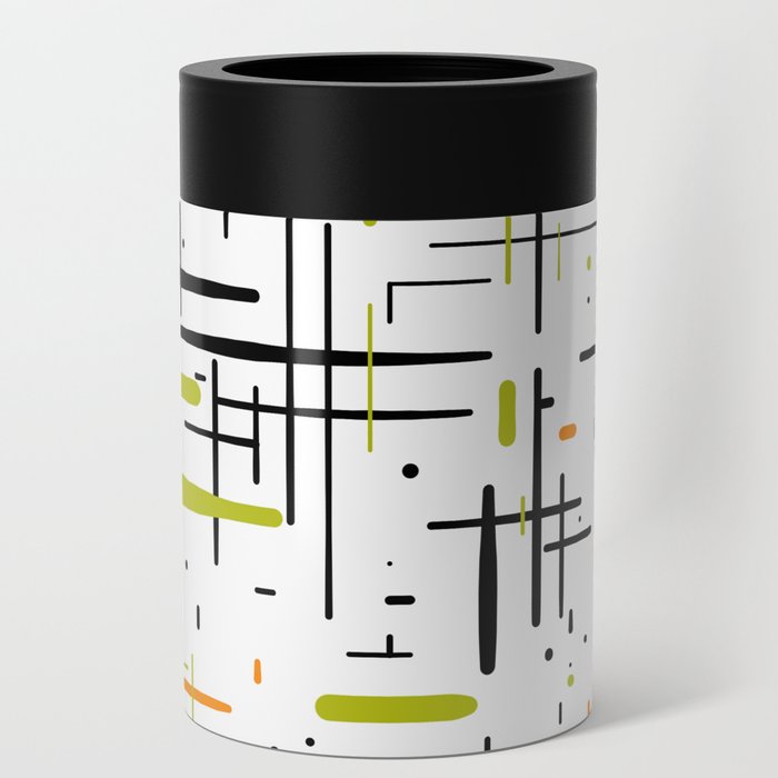  Mid-Century Modern Kinetikos Pattern in Black, Lime Green, Orange, and White Can Cooler