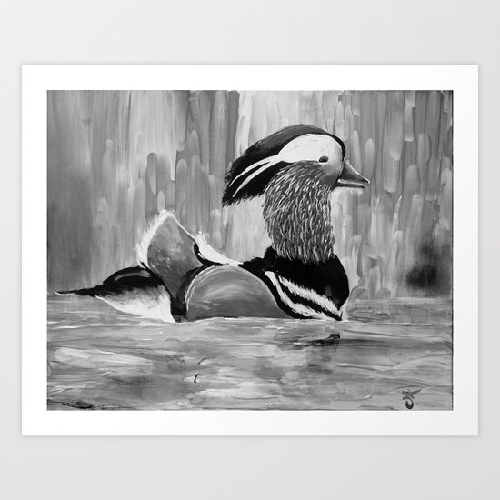 Mandarin Duck at Night Enjoying the Reflection on the Water Art Print