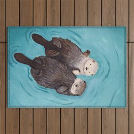 Otterly Romantic - Otters Holding Hands Outdoor Rug