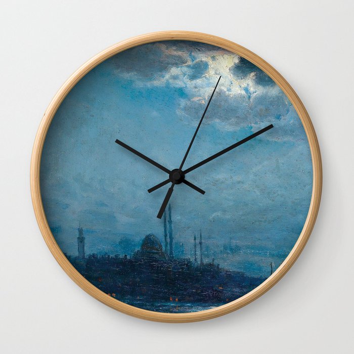 View of Istanbul in the moonlight; the Blue Mosque maritime nautical painting Vartan Makhokhian Wall Clock