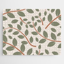 Retro Style Leaves Pattern - Camouflage Green and Alabaster Jigsaw Puzzle
