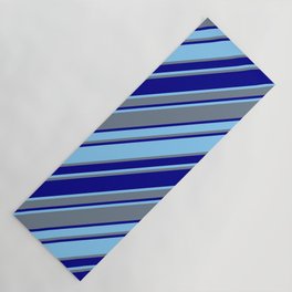 [ Thumbnail: Light Sky Blue, Slate Gray, and Dark Blue Colored Striped/Lined Pattern Yoga Mat ]