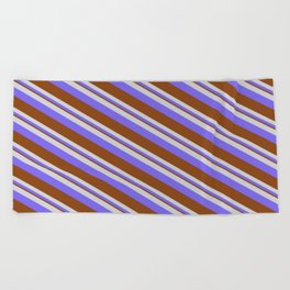 [ Thumbnail: Light Gray, Medium Slate Blue & Brown Colored Pattern of Stripes Beach Towel ]