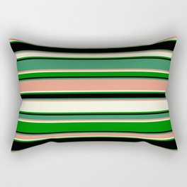 [ Thumbnail: Eye-catching Sea Green, Dark Salmon, Beige, Green, and Black Colored Lined Pattern Rectangular Pillow ]