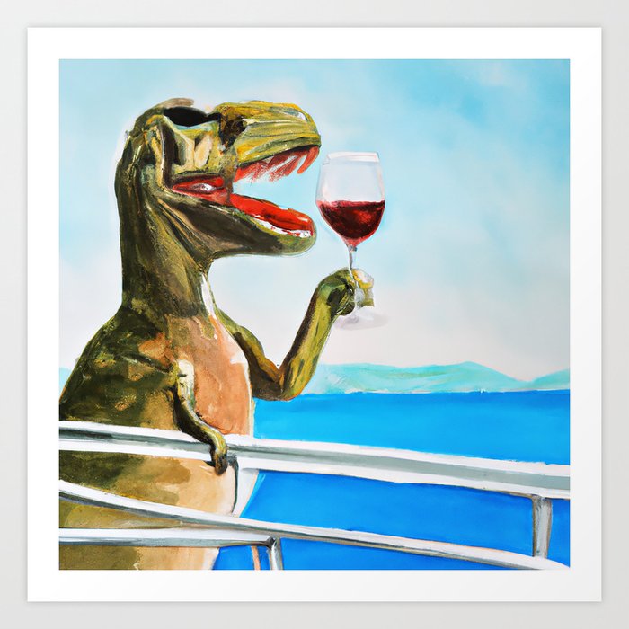 T-Rex dinosaur drinking red wine and enjoying the seaview Art Print