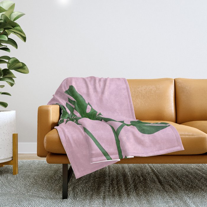 Green Monstera Plants In Pink  Throw Blanket