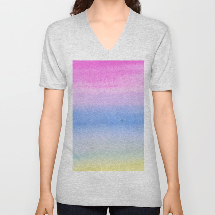 Hand painted pink blue yellow ombre watercolor paint V Neck T Shirt