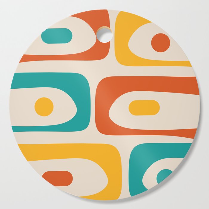 Mid Century Modern Piquet Abstract Pattern in Orange, Mustard Yellow, Turquoise Teal, and Cream Cutting Board