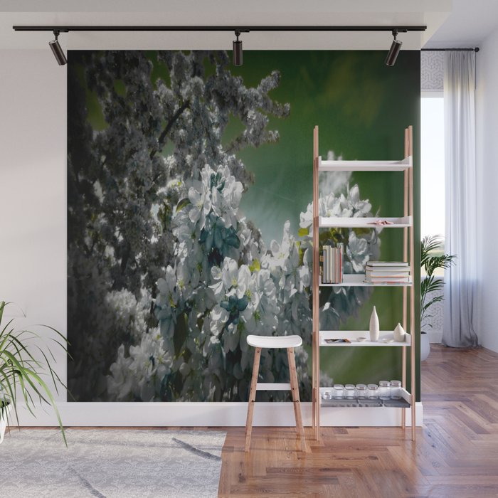 Flowers Teal Green White Wall Mural