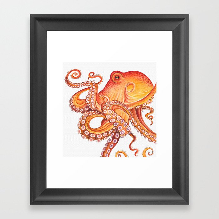 Red Octopus Kraken Tentacles on White Watercolor Art Framed Art Print