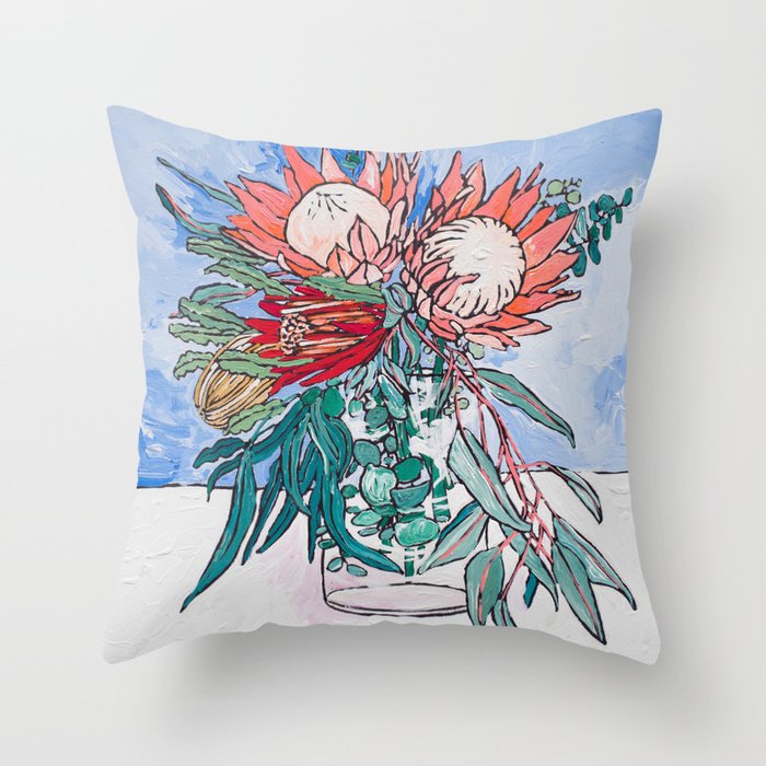 Painterly Vase of Proteas, Wattles, Banksias and Eucayptus on Blue Throw Pillow