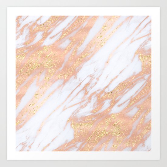 Marble - Rose Gold with Yellow Gold Glitter Shimmery Marble Art Print