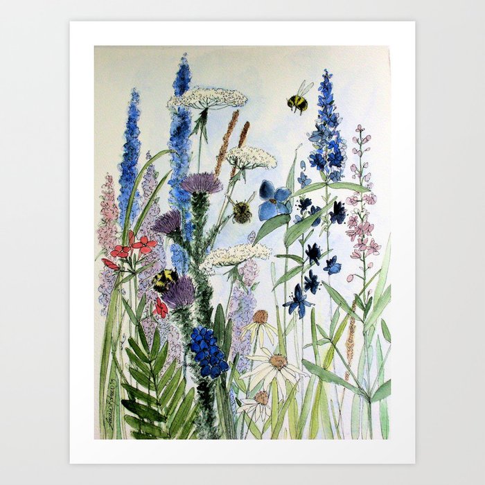 Wildflower in Garden Watercolor Flower Illustration Painting Kunstdrucke