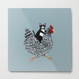 Tuxedo Cat Riding a Chicken Metal Print | Kilkennycatart, Acrylic, Chicken, Chickenride, Catonchicken, Tuxedocat, Cat, Folkart, Painting 
