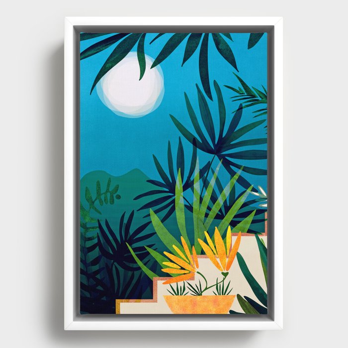 Spooky Night In The Jungle - Tropical Landscape Illustration Framed Canvas