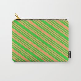 [ Thumbnail: Brown & Lime Green Colored Striped/Lined Pattern Carry-All Pouch ]