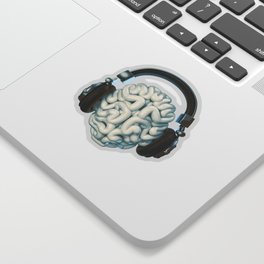 Mind Music Connection /3D render of human brain wearing headphones Sticker