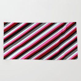 [ Thumbnail: Colorful Dim Gray, Light Cyan, Hot Pink, Maroon & Black Colored Striped/Lined Pattern Beach Towel ]