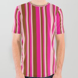 [ Thumbnail: Deep Pink, Brown & Pink Colored Striped Pattern All Over Graphic Tee ]