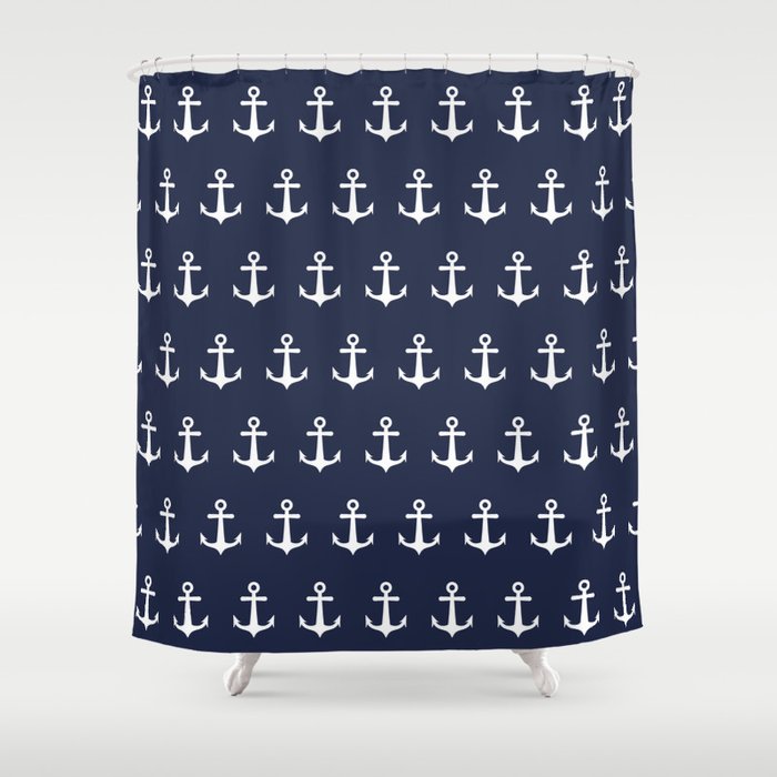 Nautical Navy Blue and White Anchors Shower Curtain