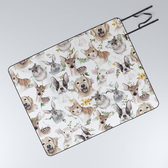 Watercolor black white brown forest animals green foliage floral  Picnic Blanket