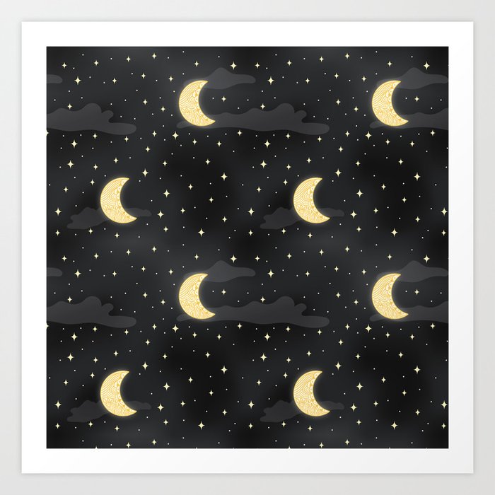 Celestial, moon and stars in yellow and grey Art Print